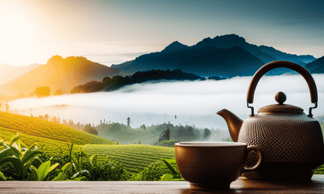 An image showcasing a serene tea plantation with lush green leaves, surrounded by misty mountains