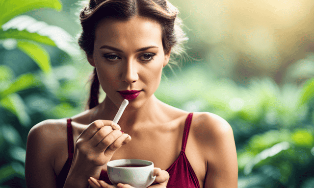 An image showcasing a serene scene of a woman sipping on a delicate porcelain teacup filled with warm, amber-colored oolong tea, surrounded by lush green tea leaves, symbolizing the perfect balance for weight loss