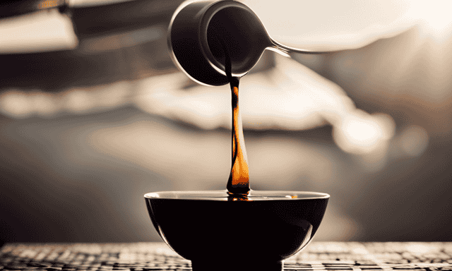 An image showcasing the art of brewing Oolong tea: A teapot pouring steaming amber liquid into a delicate porcelain cup, while tea leaves unfurl gracefully in the water, releasing their fragrant aroma