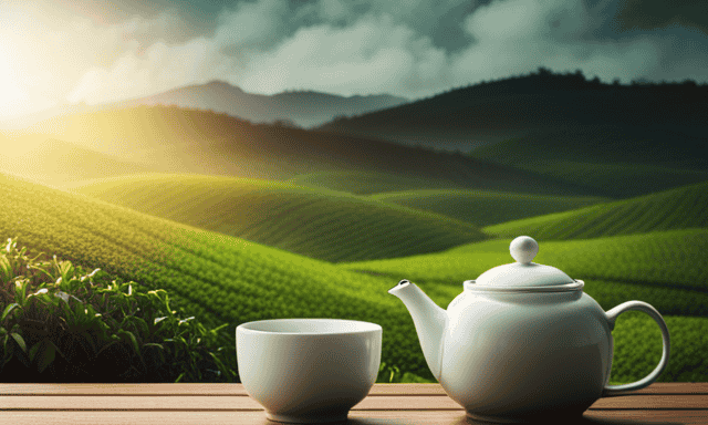 An image showcasing a serene tea garden with neatly lined rows of luscious green tea bushes