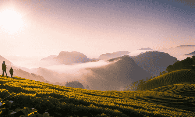 An image showcasing a serene tea plantation surrounded by mist-covered mountains