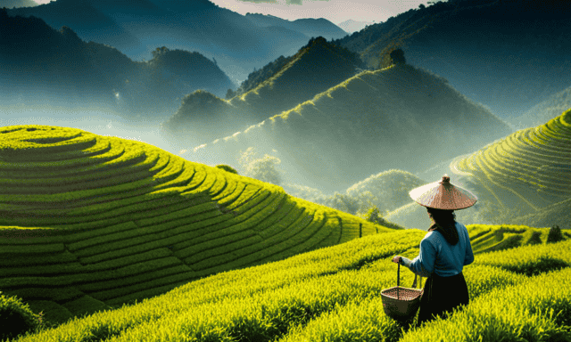 An image showcasing the rolling hills of the lush Taiwanese tea plantations, where Oolong tea originated