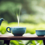 An image showcasing the Oolong Tea Revolution Dragon Eye, capturing the vibrant infusion cascading from a perfectly steeped teapot into elegant porcelain cups, surrounded by a tranquil tea garden