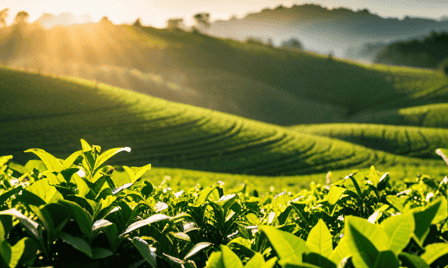 An image depicting a serene, sun-kissed tea plantation nestled amidst rolling hills