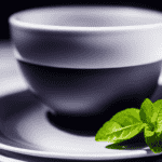 An image showcasing a delicate porcelain teacup filled with aromatic oolong tea, adorned with a sprig of fresh mint leaves and a slice of tangy lemon, exuding a warm golden hue