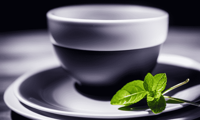 An image showcasing a delicate porcelain teacup filled with aromatic oolong tea, adorned with a sprig of fresh mint leaves and a slice of tangy lemon, exuding a warm golden hue