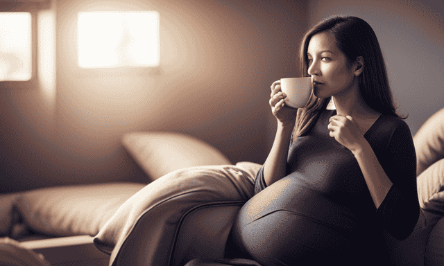 An image capturing the serene ambiance of a cozy, sunlit room, where a pregnant woman peacefully sips a warm cup of oolong tea, showcasing the delicate tea leaves and the calming effect it offers