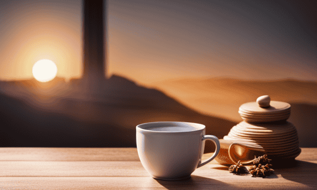 An image of a cozy, dimly lit room with a steaming cup of oolong tea on a wooden table