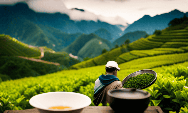 An image showcasing the origins of Oolong Tea, with lush mountains in Taiwan serving as a backdrop