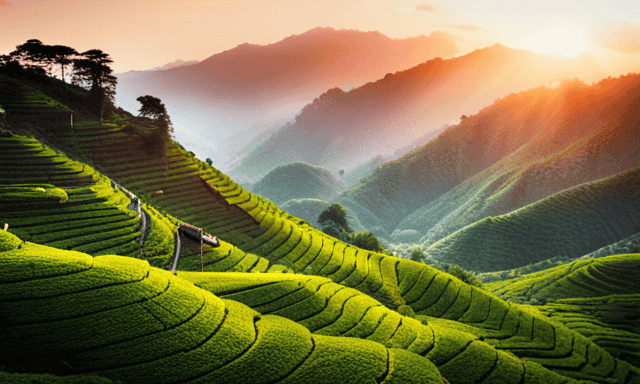 An image depicting a lush mountainside in Taiwan, adorned with terraced tea gardens