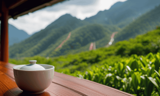 An image of a serene teahouse nestled amidst lush green mountains, adorned with vibrant tea plantations