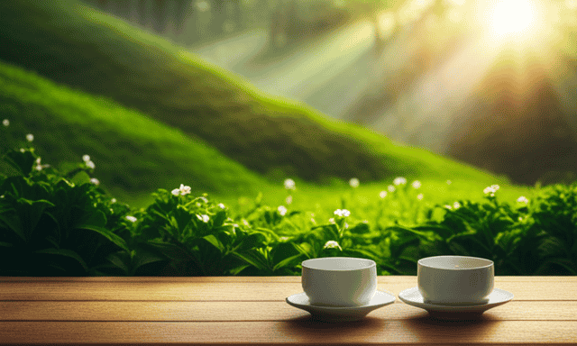 An image showcasing a serene tea garden with two tea cups side by side: one filled with oolong tea, radiating a warm amber hue, and the other with green tea, exuding a vibrant and refreshing emerald shade