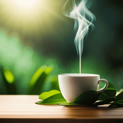 An image showing a serene morning scene with a cup of steaming green tea, surrounded by vibrant green tea leaves and fresh lemon slices, highlighting the invigorating energy, weight loss benefits, and radiant skin enhancing properties of green tea