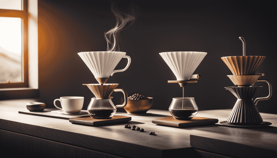 An image depicting two elegant and sleek pour-over coffee drippers, one Origami Dripper and one V60, side by side