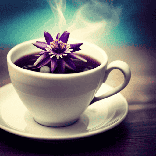 An image of a vibrant teacup filled with steaming Passion Flower Tea, adorned with delicate purple petals floating on its surface