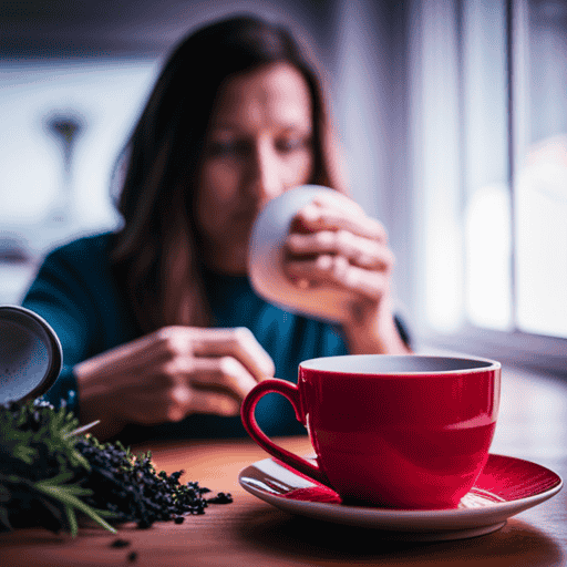 An image showcasing a serene morning scene in a cozy kitchen, with a person peacefully sipping a steaming cup of herbal tea, surrounded by a variety of aromatic herbs and teacups