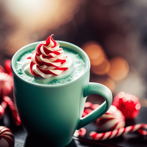 the essence of a soothing Peppermint Matcha Latte as wisps of aromatic steam rise from a creamy green concoction, crowned with a delicate dusting of crushed candy canes, against a backdrop of winter foliage