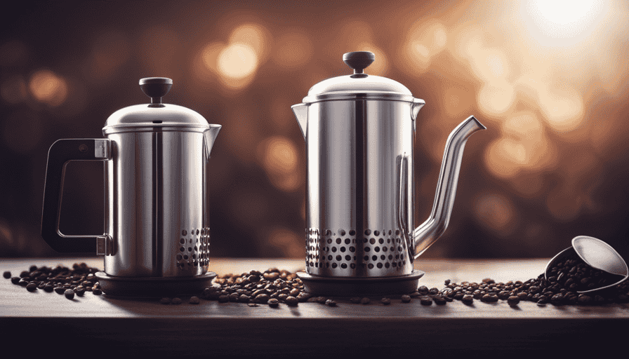 An image showcasing a close-up view of a sleek stainless steel percolator and a rustic French press side by side, surrounded by a rich aroma of freshly brewed coffee, capturing the essence of the brewing battle