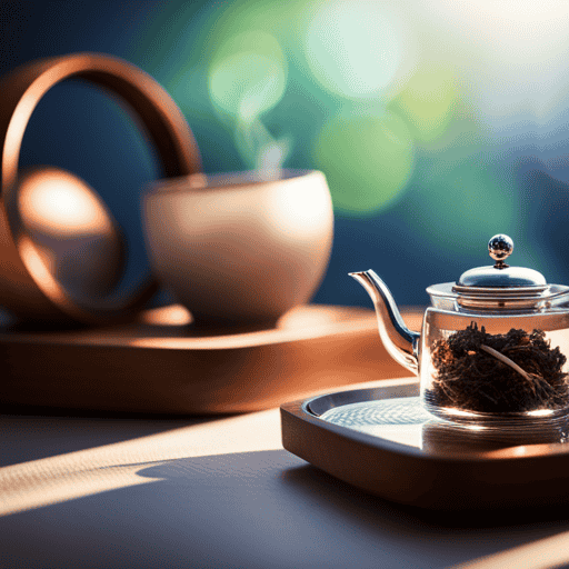 An image showcasing a serene, sunlit room with a delicate porcelain teapot on a wooden tray