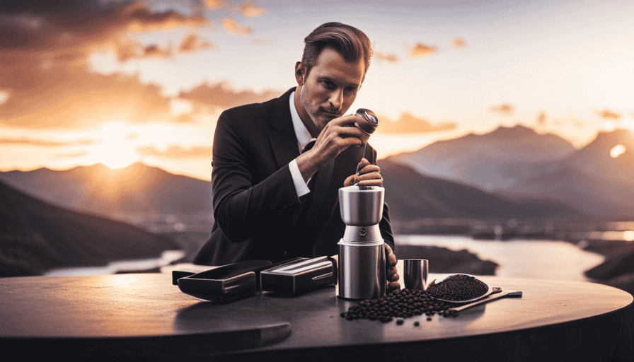 An image capturing the sleek and compact design of the Porlex Mini Hand Coffee Grinder, featuring its stainless steel body, adjustable grind settings, and a handle that effortlessly grinds coffee beans to perfection