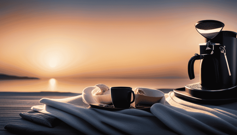 An image capturing the essence of a serene beach sunrise, with a compact and sleek portable espresso maker placed on a sandy towel, surrounded by travel essentials, evoking the perfect on-the-go caffeine fix for adventurous travelers