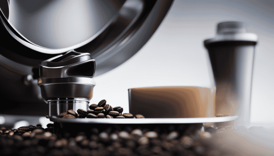 An image showcasing the elegant design of the Porlex Mini Hand Coffee Grinder in action, with a close-up view of its stainless steel burrs producing a fine grind, surrounded by freshly ground coffee particles and a steaming cup of espresso nearby