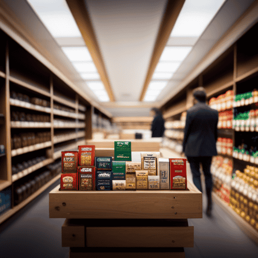 An image showcasing a vibrant grocery store aisle bustling with shelves neatly stacked with various Postum Coffee packages, highlighting its distinctive logo and enticing customers to explore the different flavors available