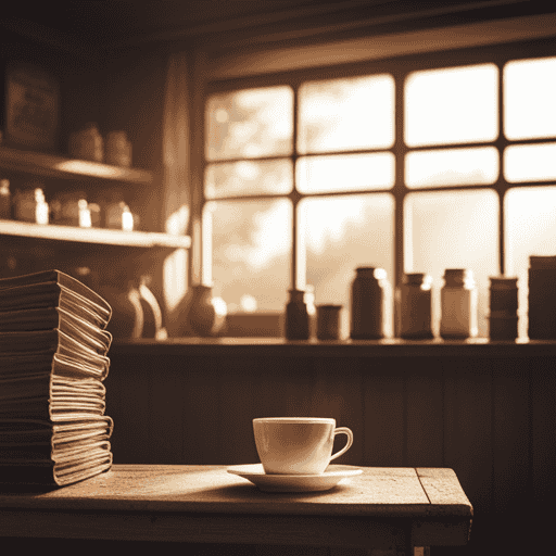 An image of a cozy vintage café with rustic wooden tables adorned with steaming cups of Postum, surrounded by shelves stacked with jars of the beloved drink, evoking a warm and nostalgic ambiance