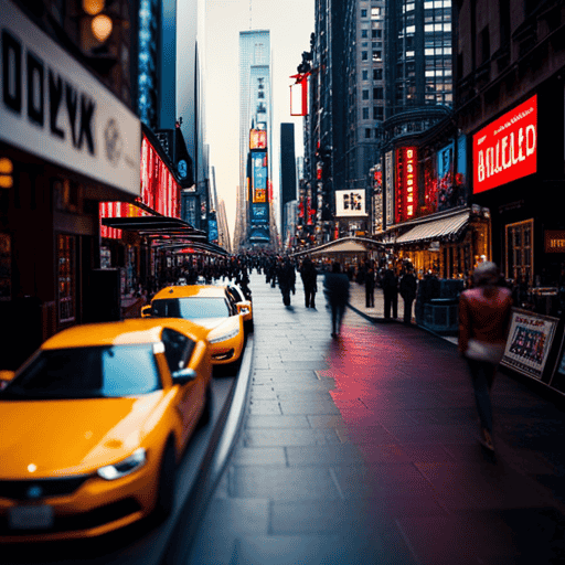 An image showcasing the vibrant streets of New York City, capturing a bustling marketplace with a variety of stores and cafes