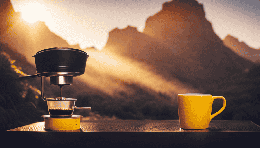 An image showcasing a sleek, chrome Prismo attachment on an Aeropress, capturing the moment of a rich, dark stream of coffee flowing into a vibrant yellow mug