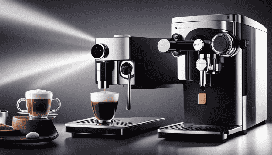 A captivating image showcasing the Profitec Pro 800: A sleek, stainless steel lever espresso machine, adorned with a vibrant, swirling crema-filled espresso shot, defying gravity as it pours into an elegant cup