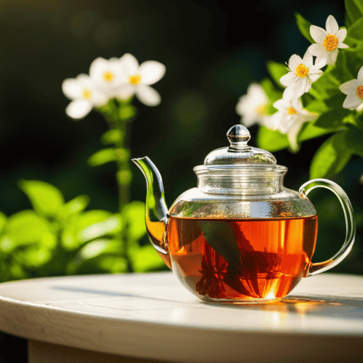 An image showcasing a serene, sunlit garden with vibrant, blooming flowers surrounding a delicate teapot, pouring refreshing Pure Leaf Brewed Herbal Tea into an exquisite, translucent glass