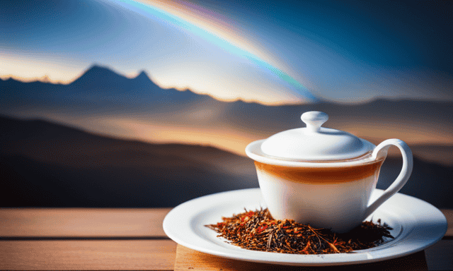 An image showcasing a vibrant teacup filled with freshly brewed Rainbow Rooibos Tea, surrounded by an assortment of colorful loose tea leaves and a traditional teapot, evoking a cozy and inviting atmosphere