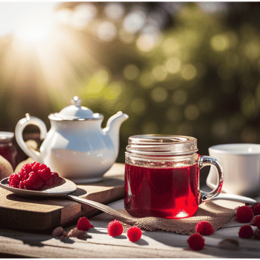 An image that showcases a rustic wooden table adorned with a vintage teapot, delicate porcelain teacups, and a jar of homemade Raspberry English Breakfast Tea Jam