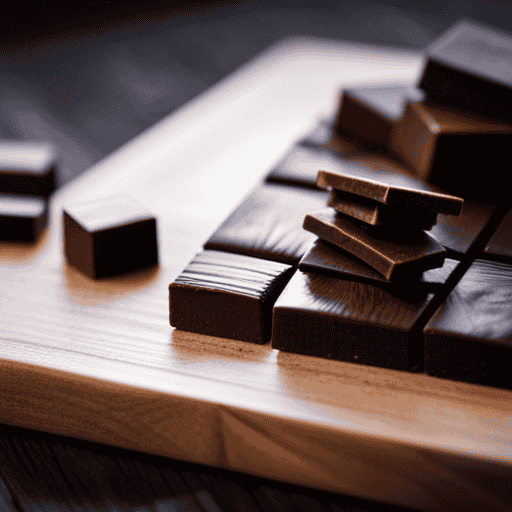 An image showcasing a rustic wooden cutting board topped with blocks of rich, glossy raw cacao paste