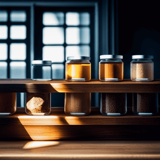 An image of a rustic wooden shelf filled with various sized glass jars, each containing rich, aromatic raw cacao powder
