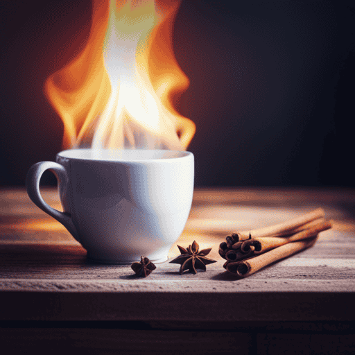 An image capturing the cozy ambiance of a steaming teacup adorned with fragrant cinnamon sticks and apple slices, surrounded by an assortment of vibrant herbal ingredients like chamomile, mint, and lavender