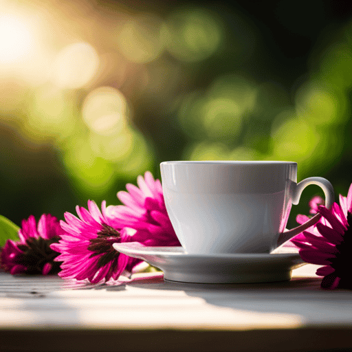 An image of a serene, sunlit garden with a delicate teacup filled with vibrant red clover herbal tea