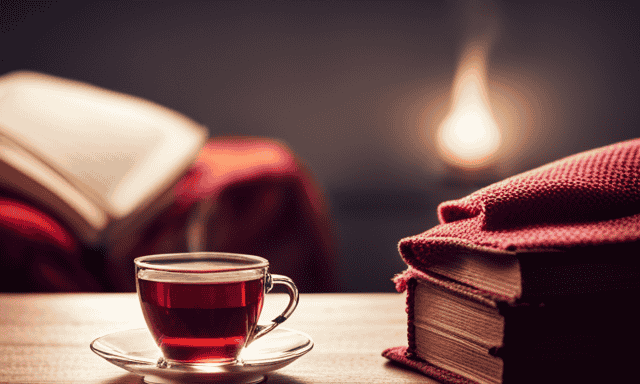 An image depicting a cozy, dimly lit room with a steaming mug of vibrant red Rooibos tea on a wooden table