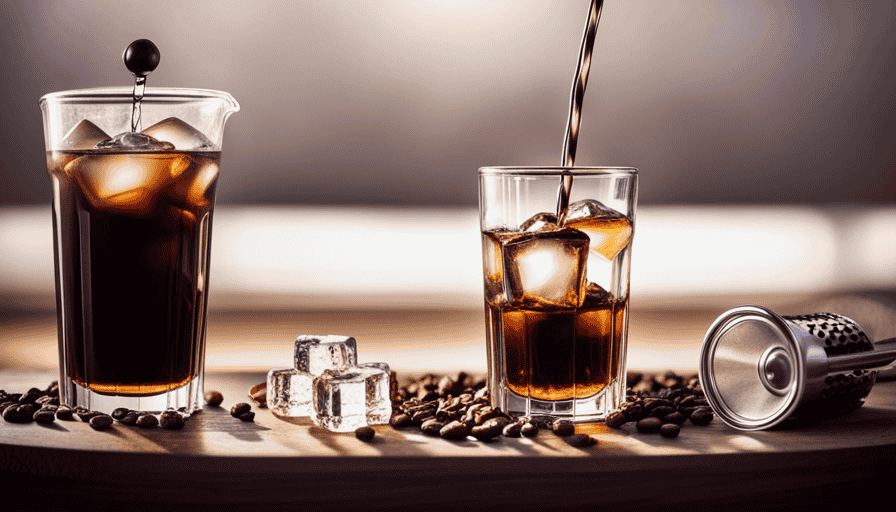 An image of a glass filled with ice cubes, surrounded by coffee beans and a French press