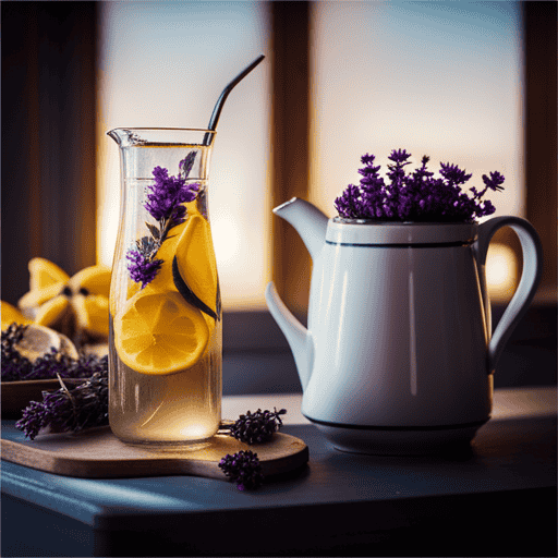 An image capturing a glass pitcher filled with golden-hued homemade lemonade, adorned with slices of fresh lemons and vibrant lavender sprigs, while a teapot pours fragrant Earl Grey lavender tea into a delicate cup