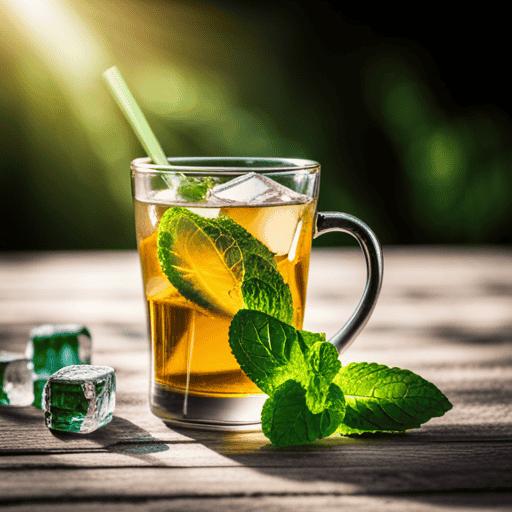 An image that showcases a vibrant glass of mint tea, filled to the brim with ice cubes and garnished with fresh mint leaves