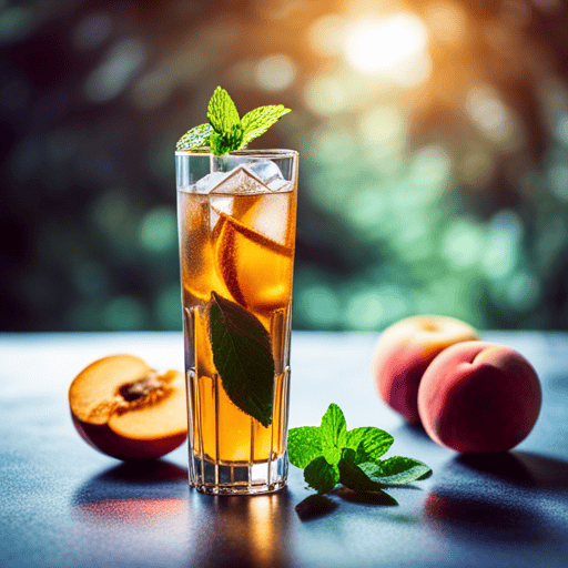 An image of a tall glass filled with ice cubes, adorned with peach slices, and topped with a sprig of fresh mint