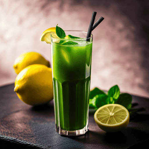 An image showcasing a tall glass filled with vibrant green matcha lemonade, garnished with fresh lemon slices and mint leaves, capturing the perfect blend of tangy citrus and smooth matcha flavors