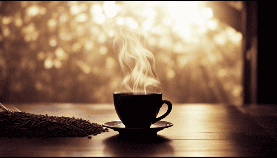 An image showcasing the warm hues of a steaming cup of rice coffee, with gentle wisps of aromatic steam rising against a rustic backdrop