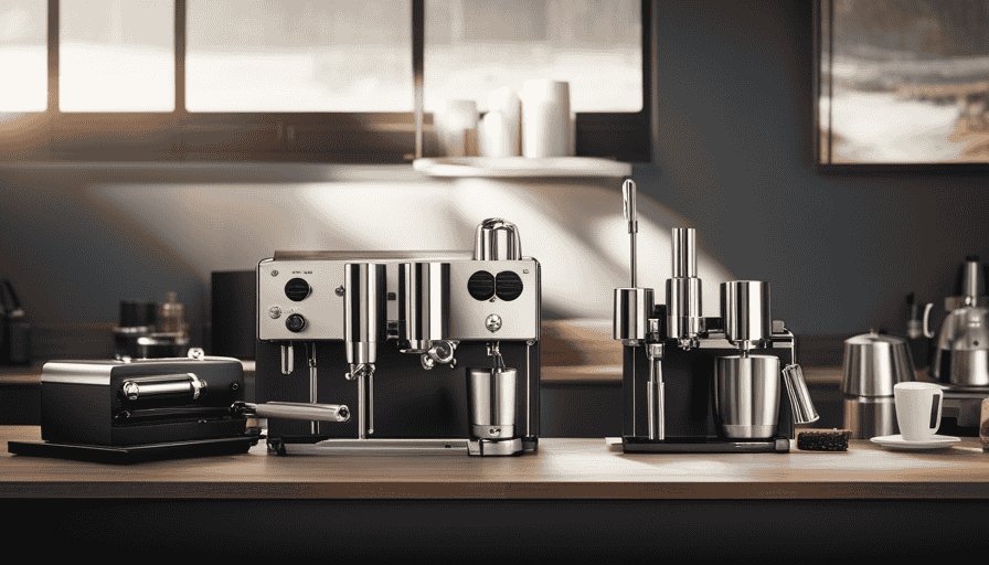 An image showcasing the sleek, polished stainless steel body of the Rocket R58, with its iconic side-by-side dual boiler design, accompanied by the precision-crafted portafilter and steam wand, evoking the essence of Italian craftsmanship and high-performance espresso brewing