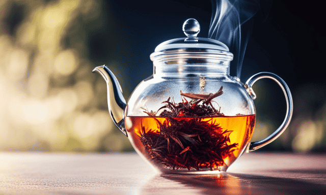 An image showcasing a clear glass teapot filled with vibrant, ruby-red Rooibos tea leaves, gracefully unfurling as they steep in hot water, releasing their aromatic essence into the surrounding steam