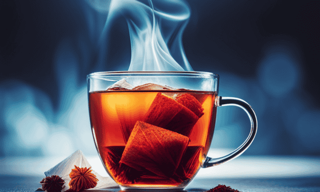 An image showcasing a vibrant red rooibos tea bag immersed in a clear glass mug filled with hot water