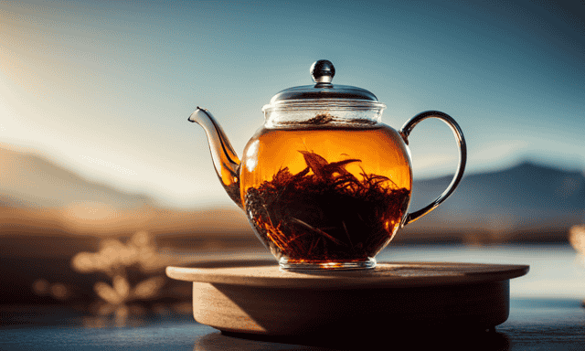An image showcasing a teapot filled with vibrant, amber-colored rooibos tea leaves steeping in hot water, surrounded by an assortment of delicate teacups, each revealing a different shade of the flavorful infusion