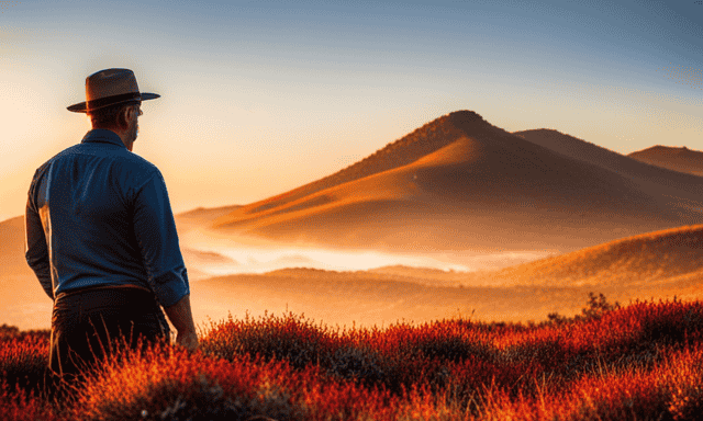 An image showcasing a vibrant sunset over a vast landscape of rolling hills covered in indigenous fynbos vegetation, with a local farmer harvesting Rooibos leaves in the foreground